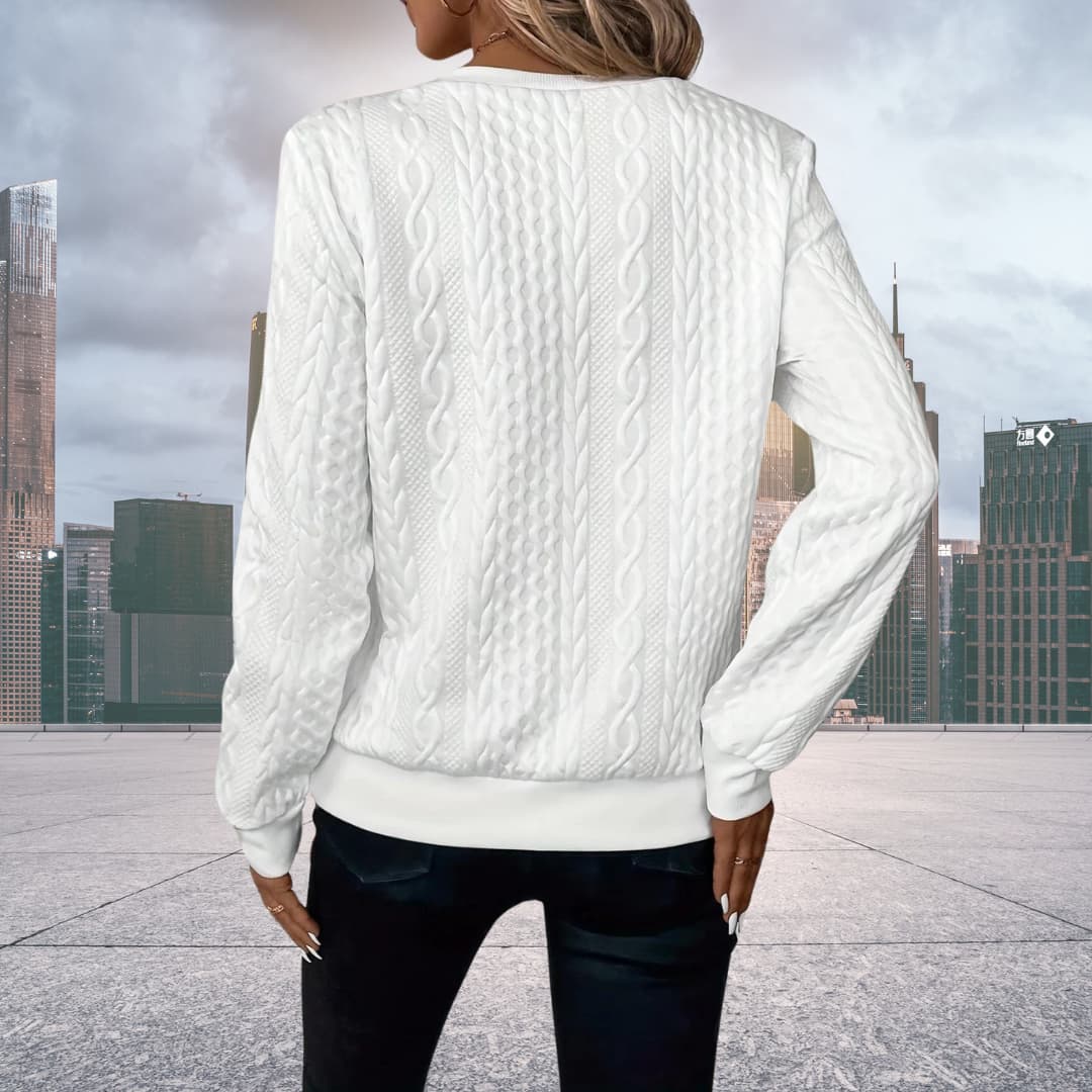 Damen Strickpullover mit Zopfmuster und Reißverschluss in Weiß, Rückansicht