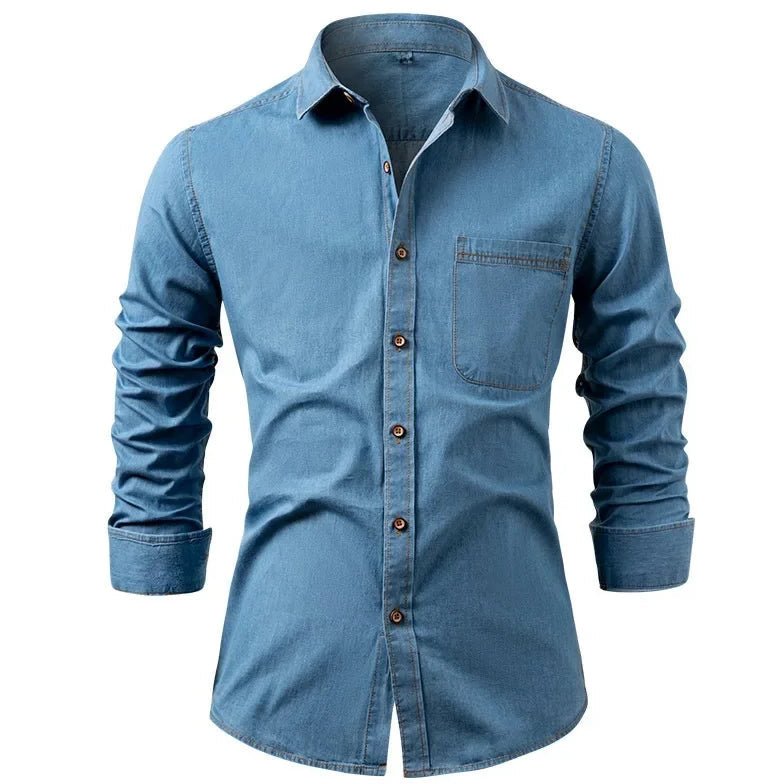 Bayer Modehaus - Herren Langarmhemd mit Kentkragen und Brusttasche, Denim-Optik in Hellblau