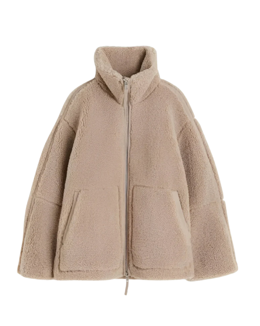 Oversized Teddyjacke mit Stehkragen und Reißverschluss in Hellbraun