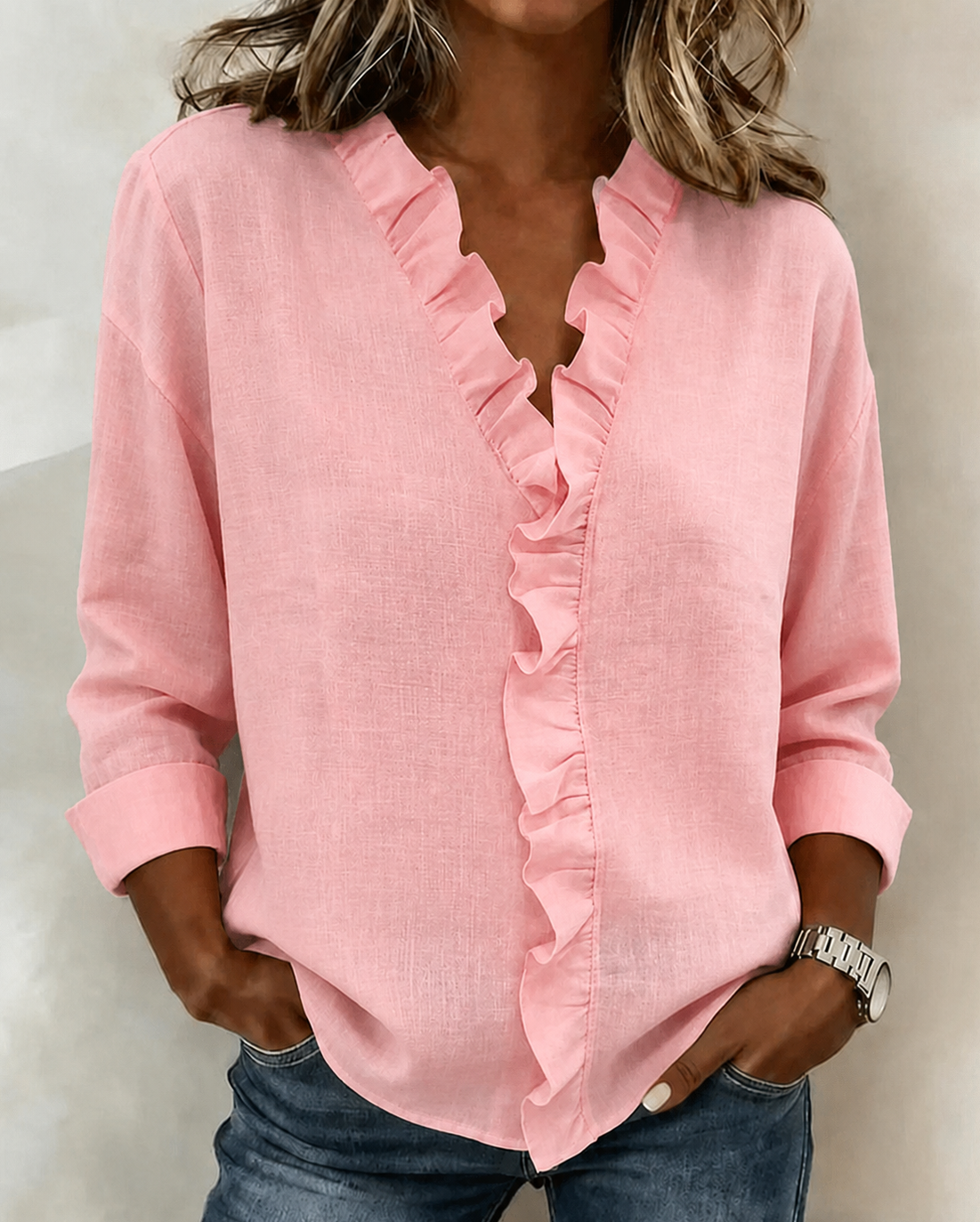 Bayer Modehaus - Damen Bluse mit Rüschen und V-Ausschnitt, langarm in Rosa
