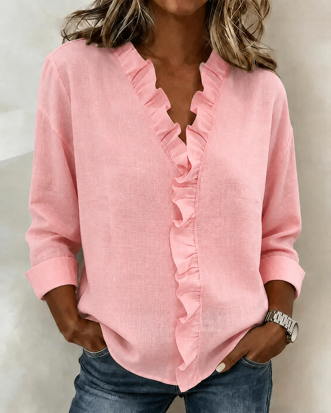 Damen Bluse mit Rüschen und V-Ausschnitt, langarm, Ansicht 7