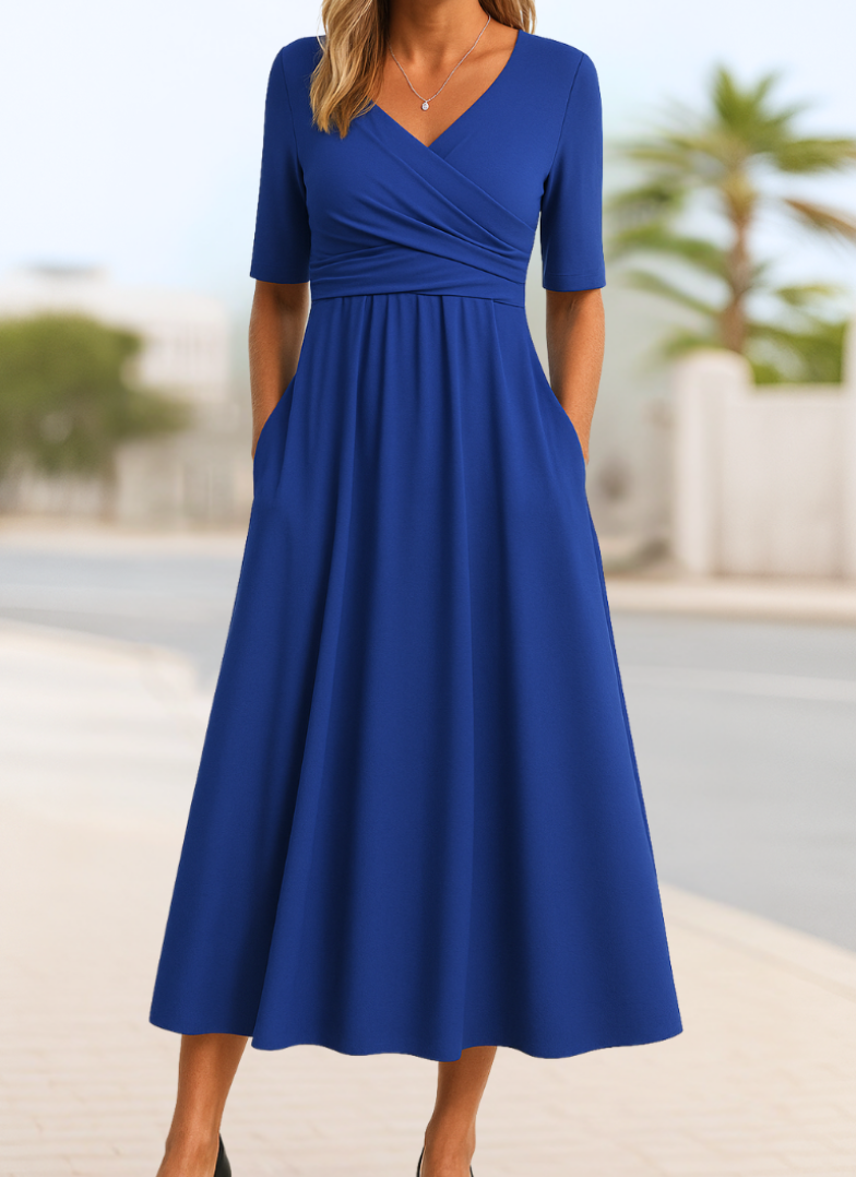 Kleid Damen Wickelkleid Midilang V Ausschnitt Taschen Jersey