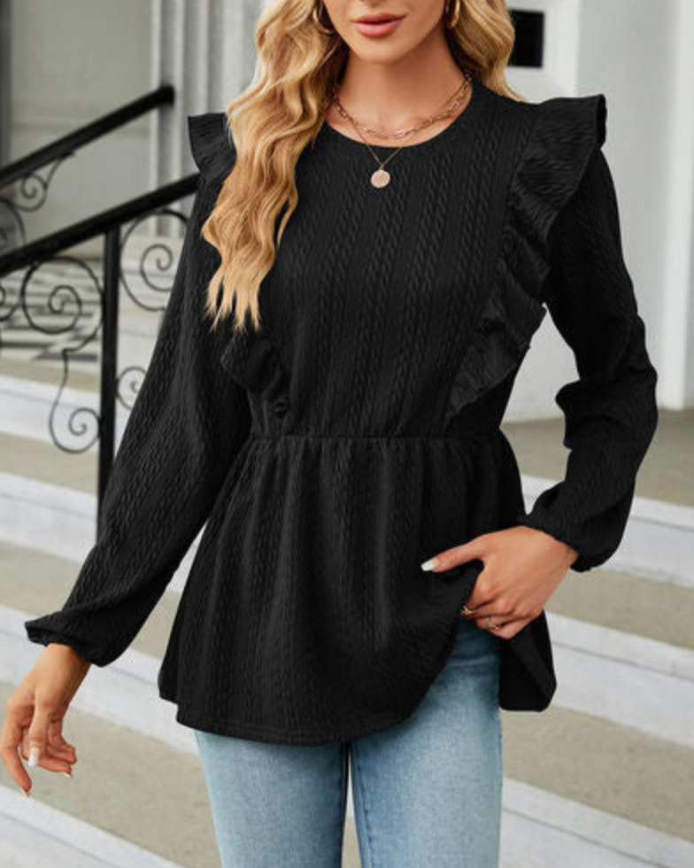 Bluse Damen Elegant, Rüschen, Peplumsaum, Jacquardstruktur, Langarm