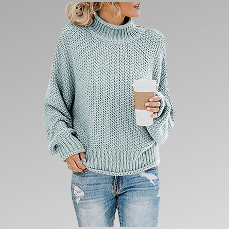 Damen Grobstrickpullover mit Rollkragen in Himmelblau