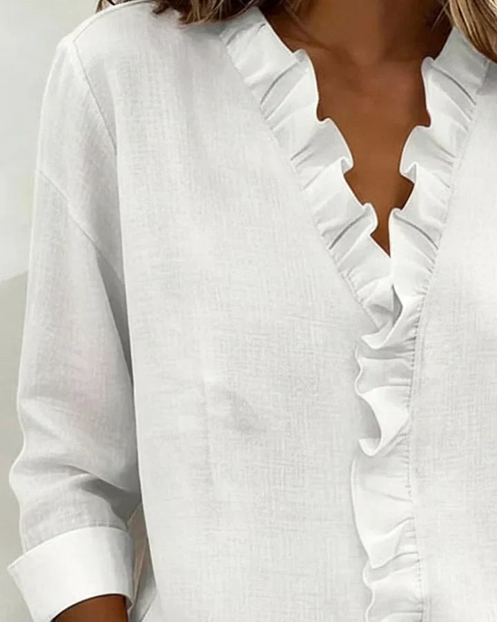 Damen Bluse mit Rüschen und V-Ausschnitt, langarm, Ansicht 5
