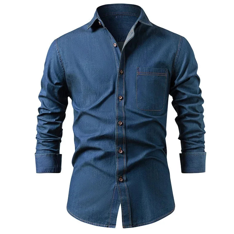 Herren Langarmhemd in Denim-Optik mit Kentkragen und Brusttasche, Marineblau