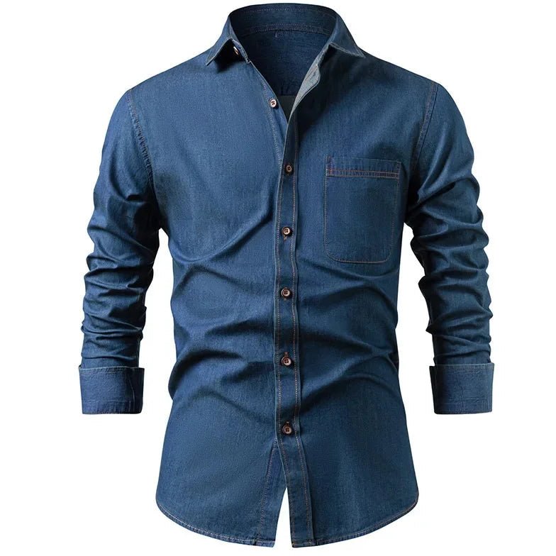 Bayer Modehaus - Herren Langarmhemd mit Kentkragen und Brusttasche, Denim-Optik in Marineblau