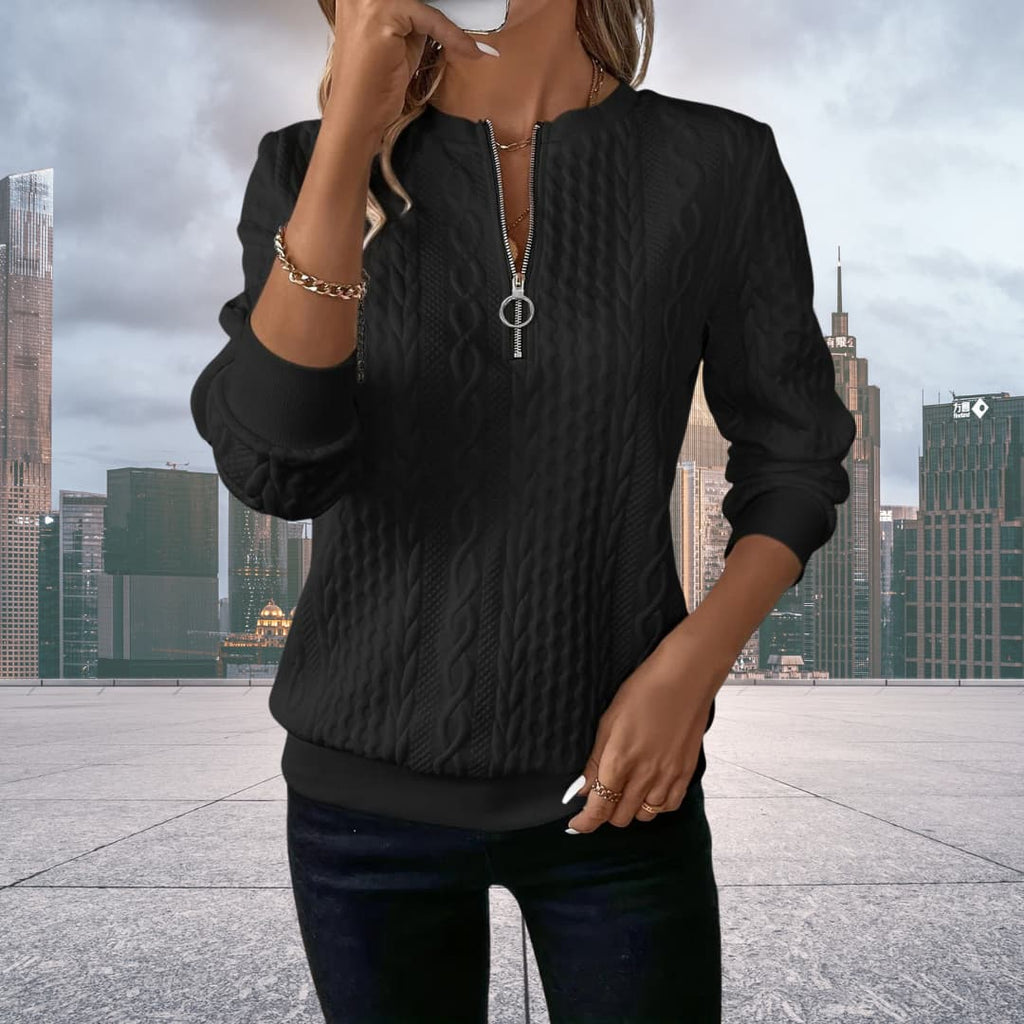 Damen Strickpullover mit Zopfmuster und Reißverschluss in Schwarz