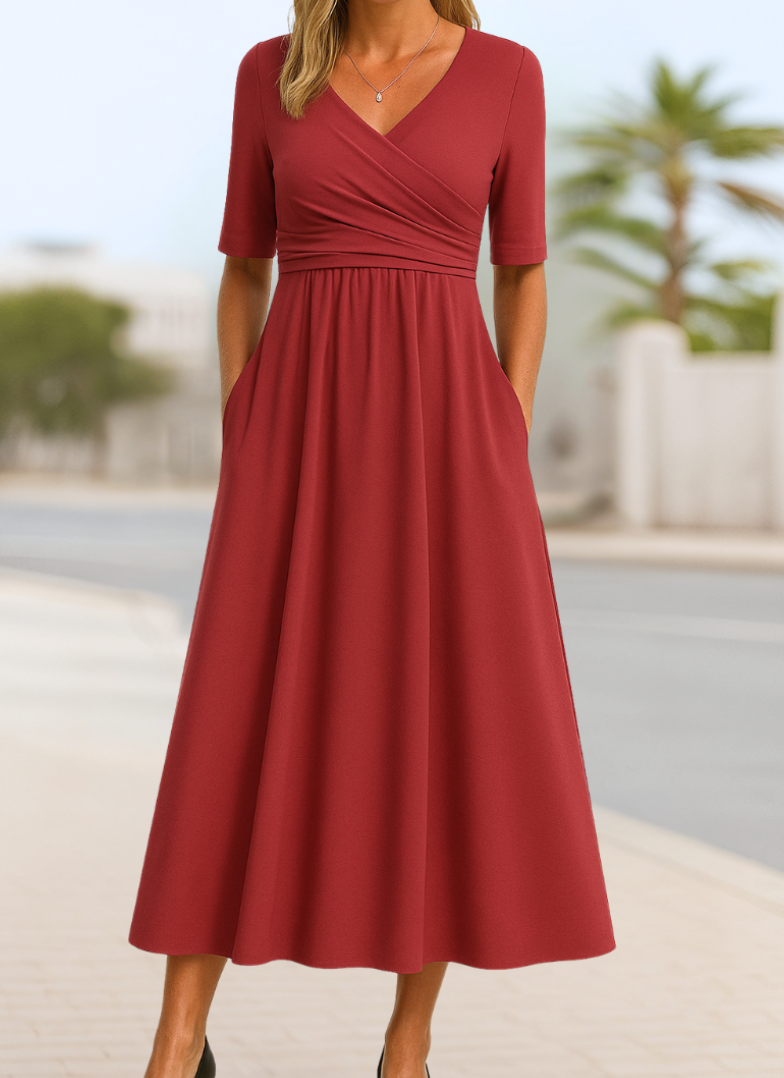 Kleid Damen Wickelkleid Midilang V Ausschnitt Taschen Jersey
