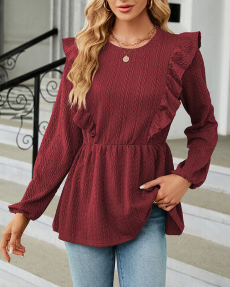 Bluse Damen Elegant, Rüschen, Peplumsaum, Jacquardstruktur, Langarm