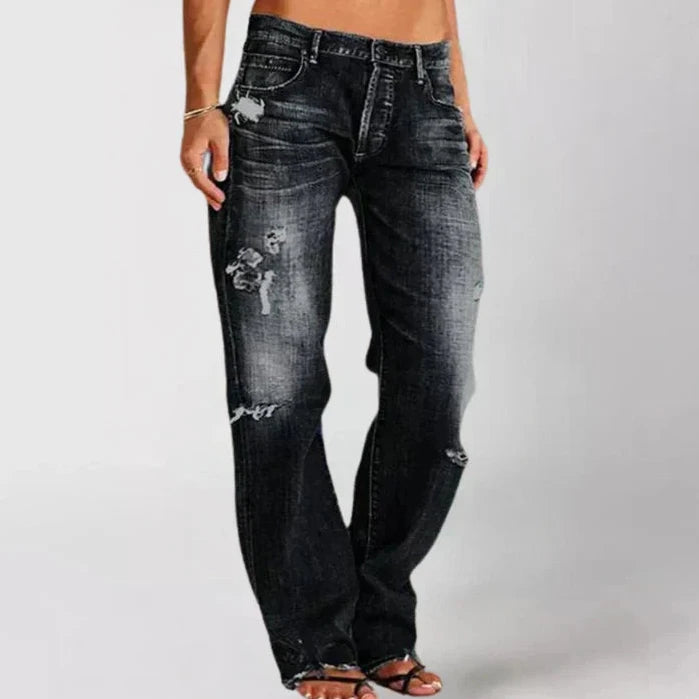 Bayer Modehaus - Damen Jeans im Used-Look, weites Bein, mittelhoher Bund in Schwarz