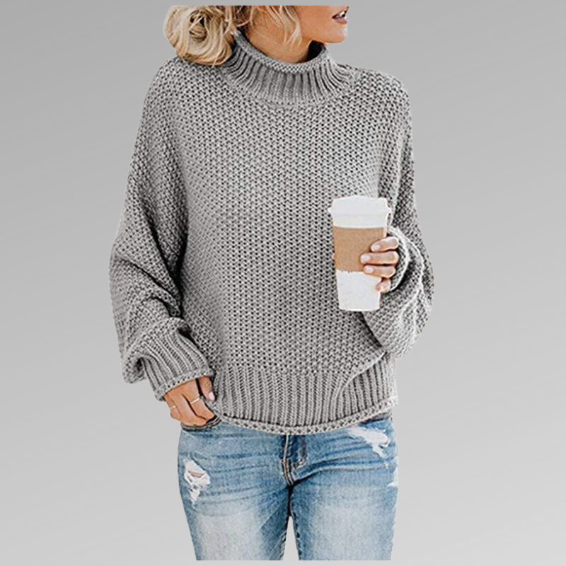 Damen Grobstrickpullover mit Rollkragen in Grau