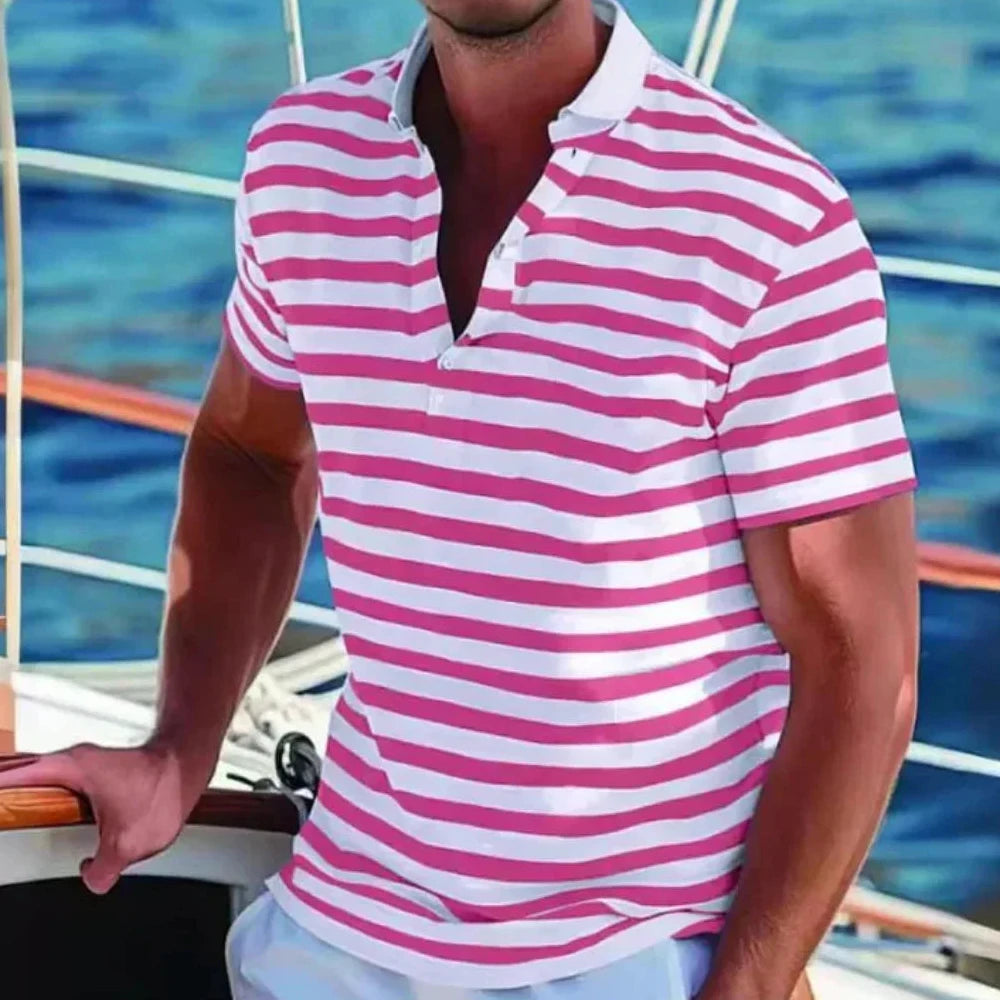 Poloshirt Herren Kurzarm mit Querstreifen und offenem Polokragen