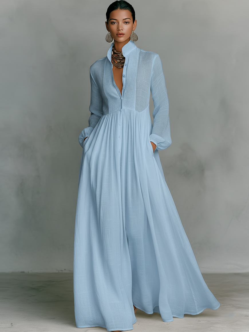 Blusenkleid Damen Maxikleid, Faltenrock, Kragen, Knopfleiste, Taschen