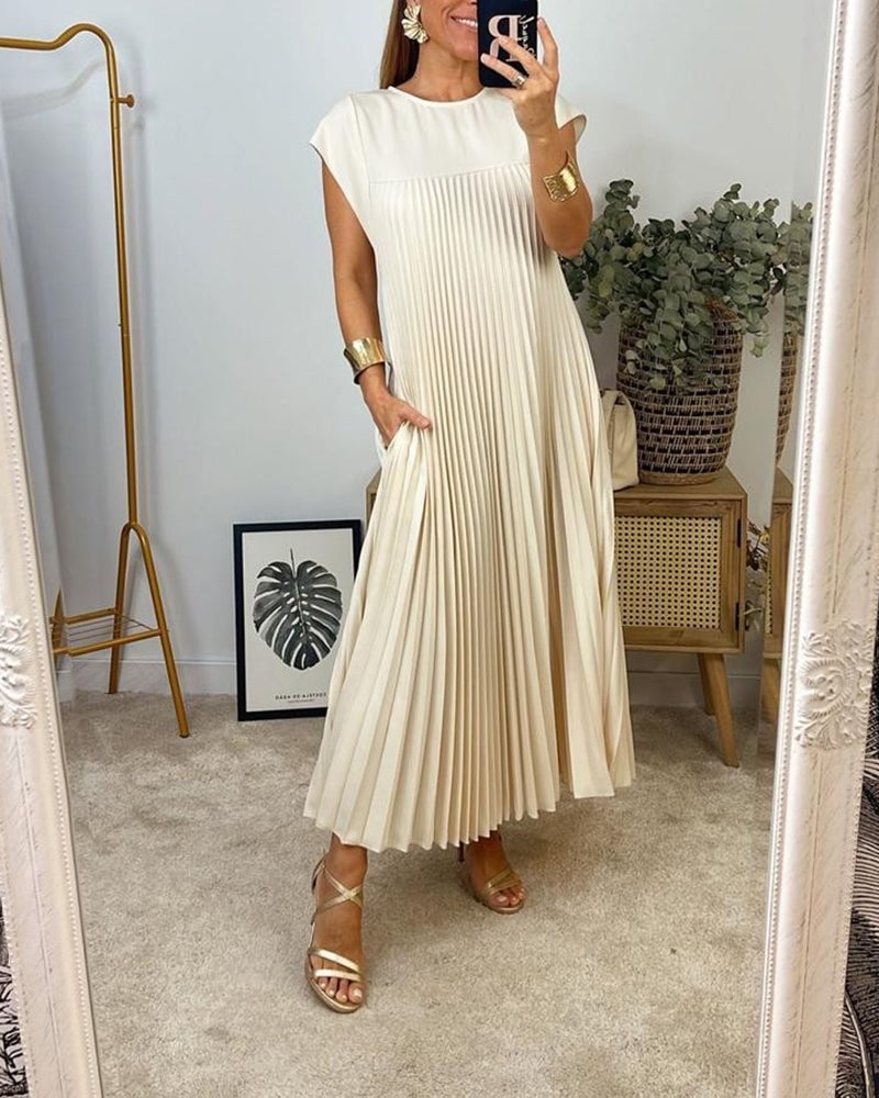 Plisseekleid mit Rundhals in Beige, Maxi-Länge