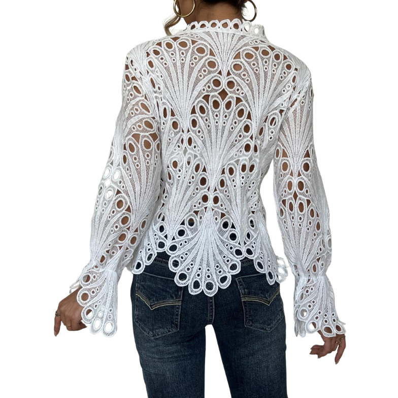 Bluse Damen Elegant Spitzenbluse Langarm mit Lochspitze Trompetenärmel