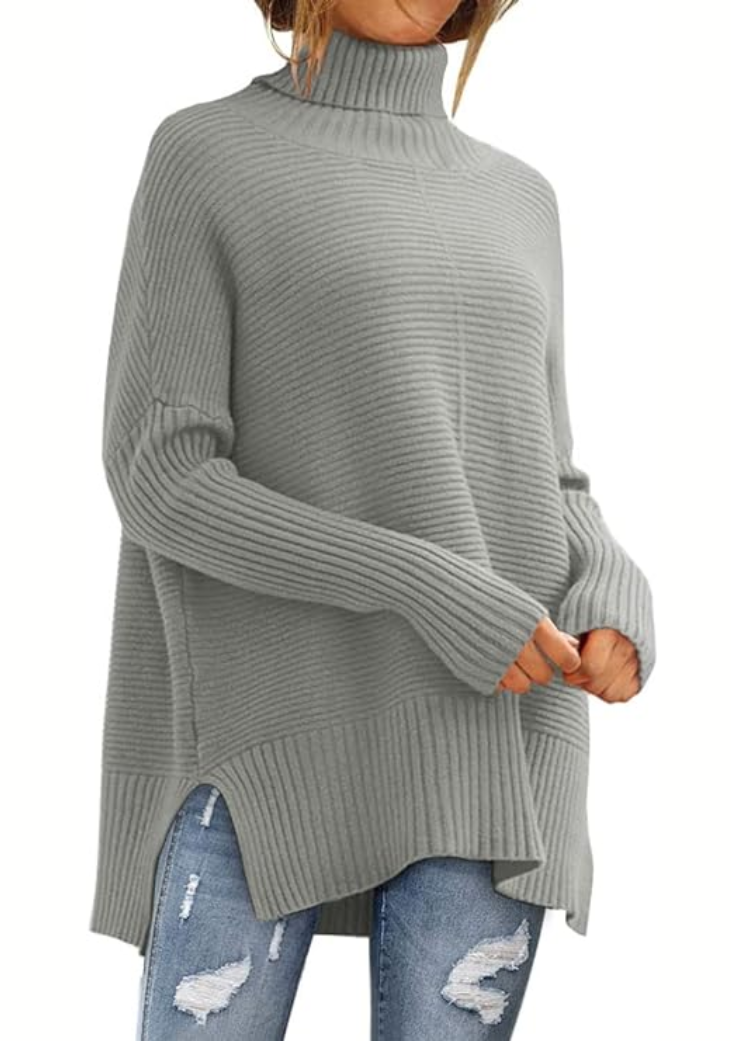 Damen Rollkragenpullover in Rippstrick mit Seitenschlitzen in Grau