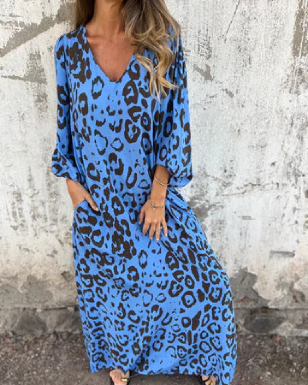 Damen Maxikleid mit Leoparden-Print, V-Ausschnitt und langen Ärmeln, Ansicht 5