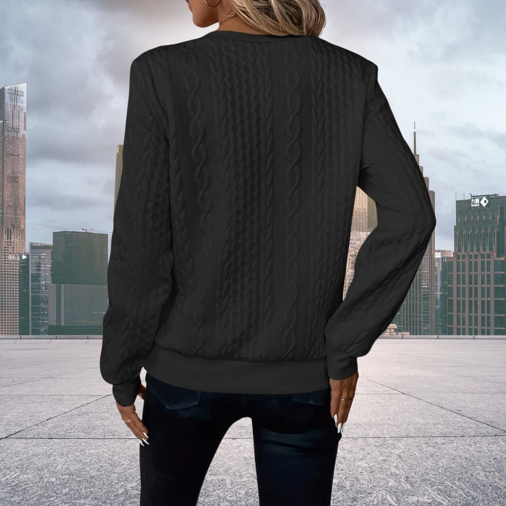 Damen Strickpullover mit Zopfmuster und Reißverschluss in Schwarz, Rückansicht
