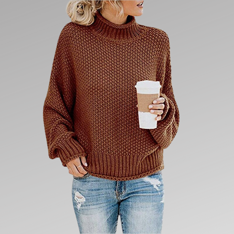 Bayer Modehaus - Damen Grobstrickpullover mit Rollkragen und weiten Ärmeln in Braun