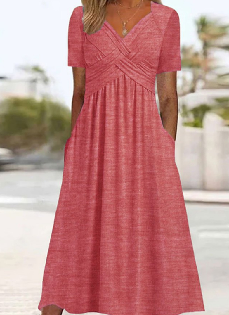 Kleid Damen Wickelkleid Midilang V Ausschnitt Taschen Jersey