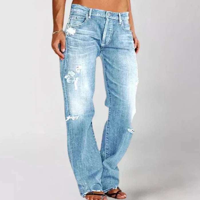 Bayer Modehaus - Damen Jeans im Used-Look, weites Bein, mittelhoher Bund in Hellblau