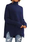 Damen Rollkragenpullover in Rippstrick mit Seitenschlitzen in Marineblau