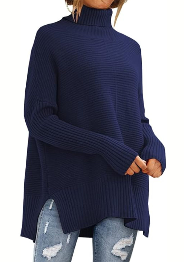 Bayer Modehaus - Damen Rollkragenpullover in Rippstrick mit Seitenschlitzen in Marineblau
