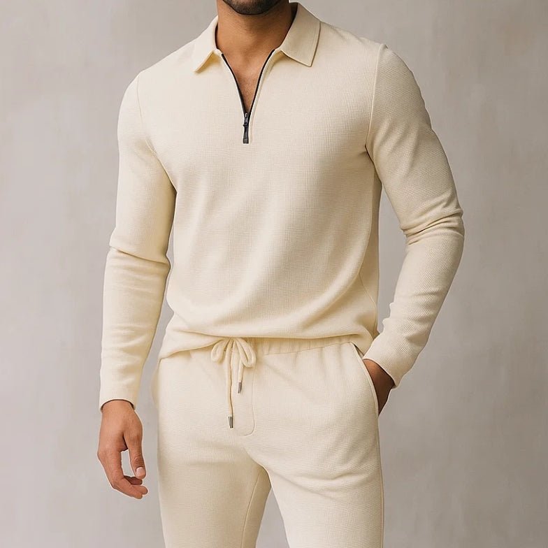 Strick Pullover Herren Polo Set 2-teilig Waffelstrick Jogger Hose