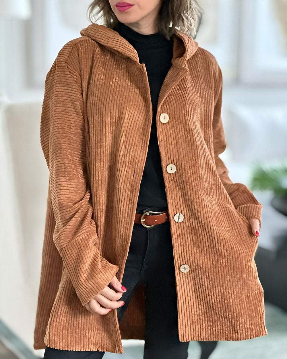 Damen Lange Cordjacke mit Kapuze und Knopfleiste in Khaki