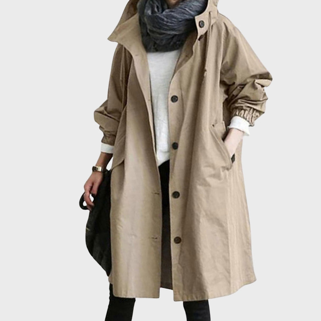Langer Mantel mit Kapuze im Oversized-Look in Khaki, Vorderansicht