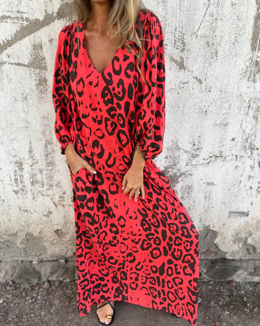 Damen Maxikleid mit Leoparden-Print, V-Ausschnitt und langen Ärmeln, Ansicht 6