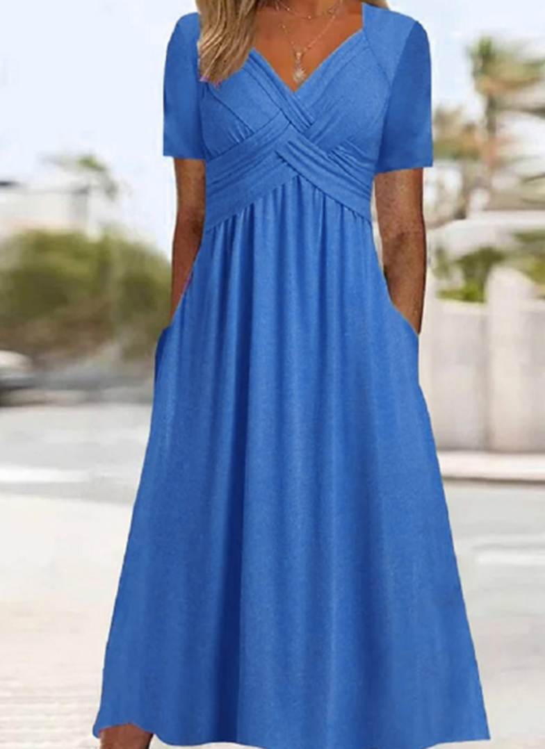 Kleid Damen Wickelkleid Midilang V Ausschnitt Taschen Jersey
