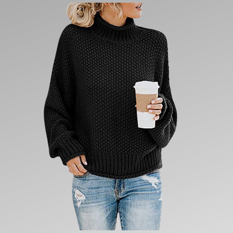 Damen Grobstrickpullover mit Rollkragen in Schwarz