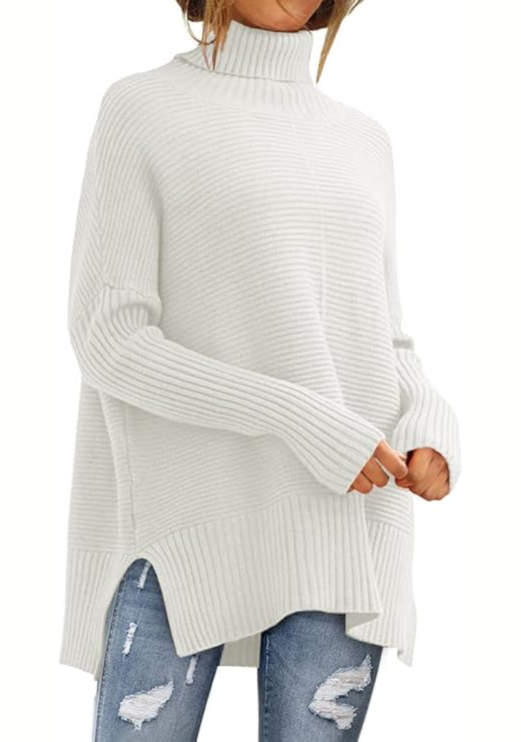 Damen Rollkragenpullover in Rippstrick mit Seitenschlitzen in Weiß