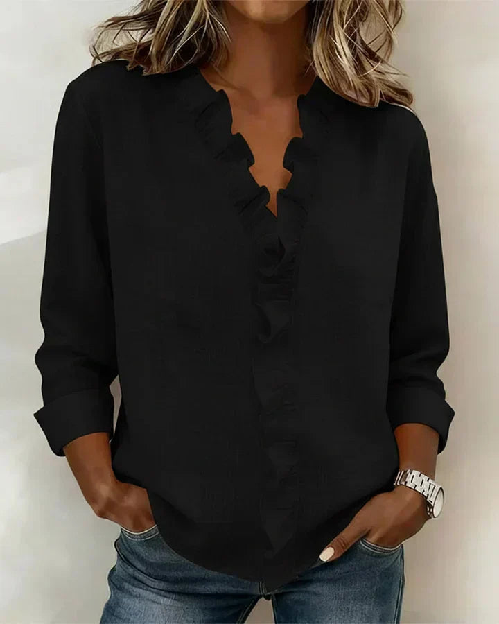 Bluse mit Rüschenkante, langarm, in Schwarz