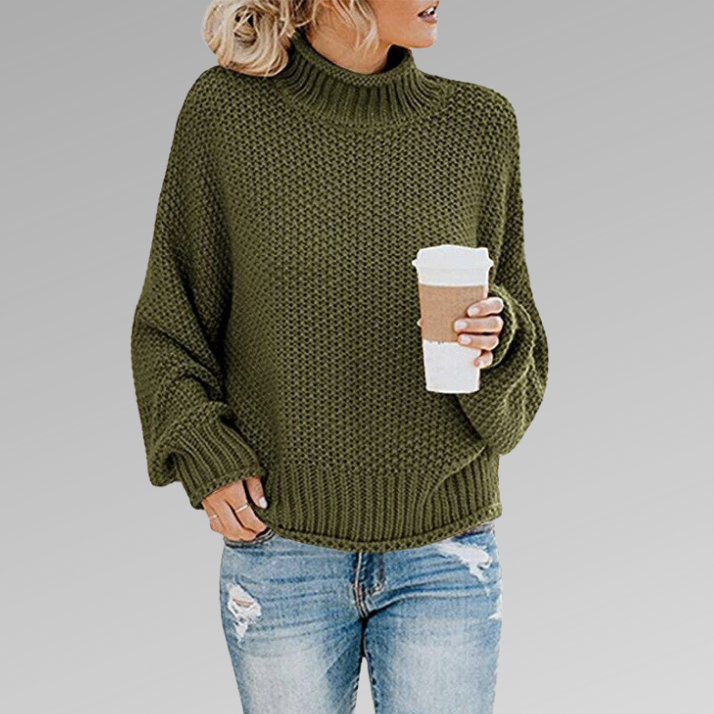 Bayer Modehaus - Damen Grobstrickpullover mit Rollkragen und weiten Ärmeln in Grün