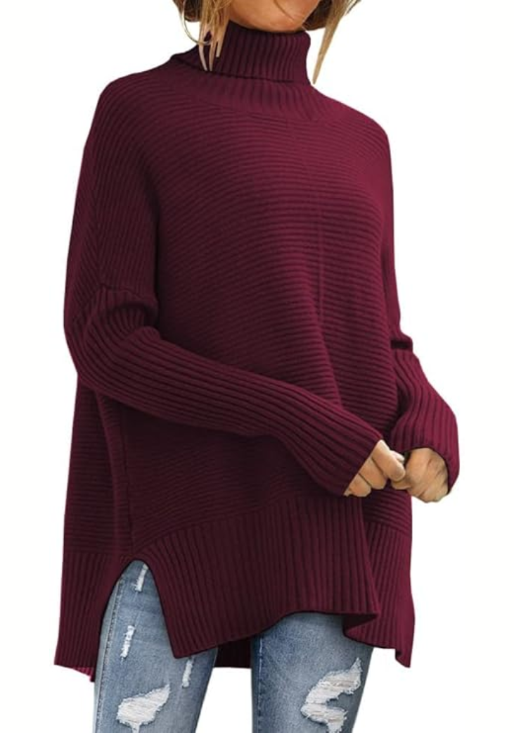 Damen Rollkragenpullover in Rippstrick mit Seitenschlitzen in Weinrot