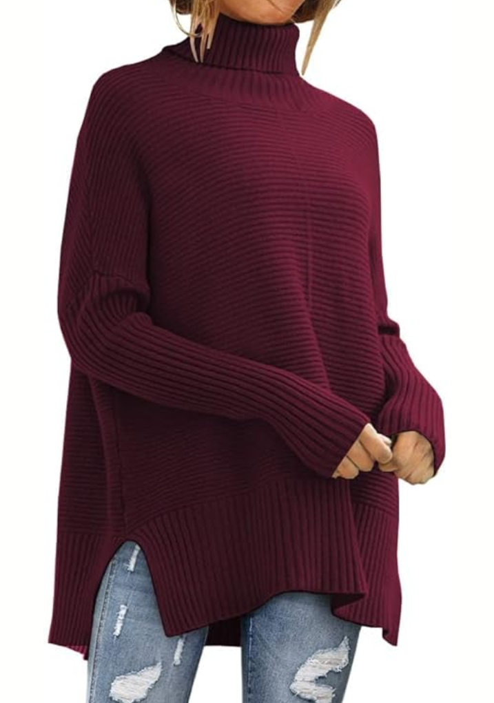 Bayer Modehaus - Damen Rollkragenpullover in Rippstrick mit Seitenschlitzen in Weinrot