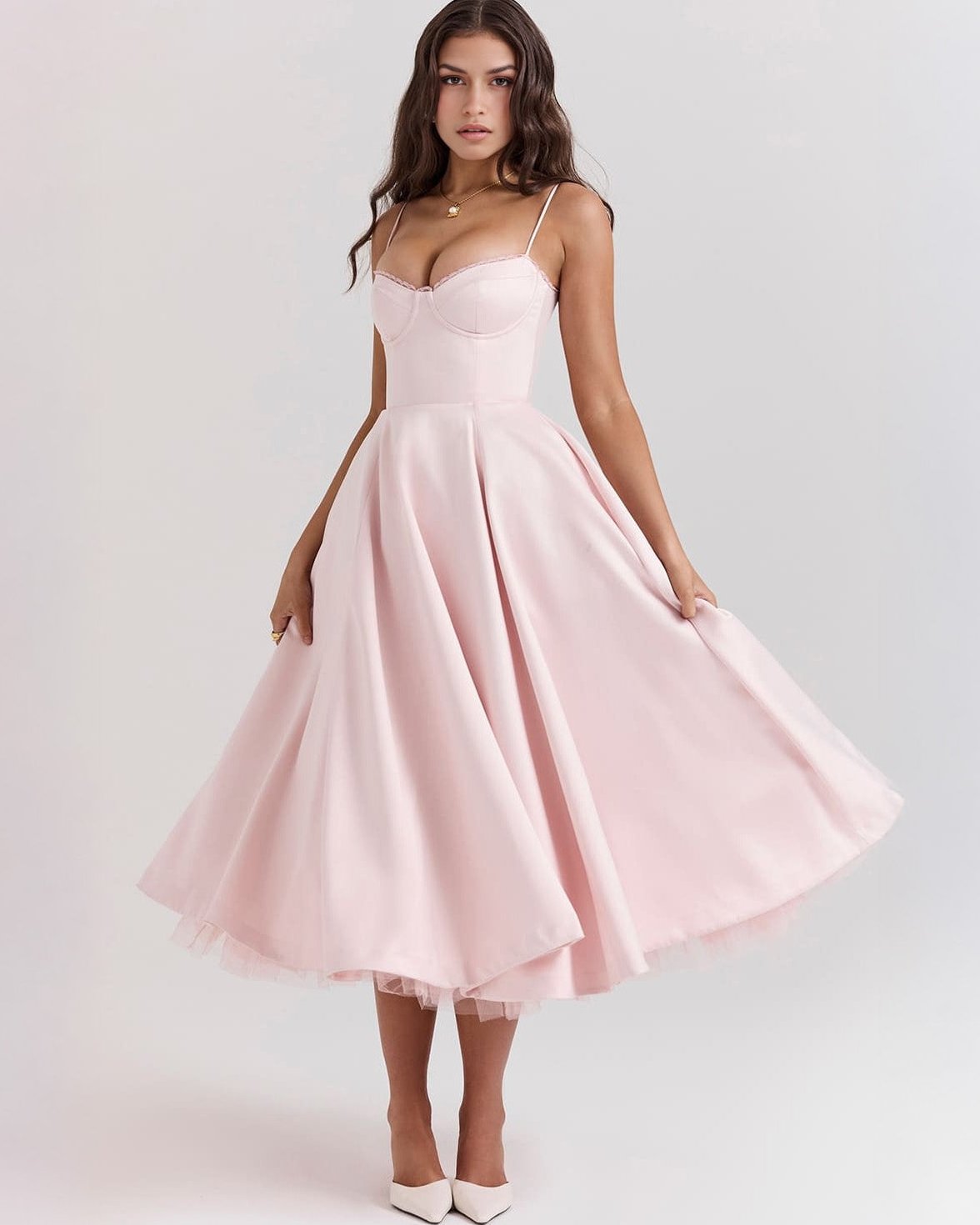 Bayer Modehaus - Damen Midikleid mit Herz-Ausschnitt und Spaghettiträgern in Blush-Rosa