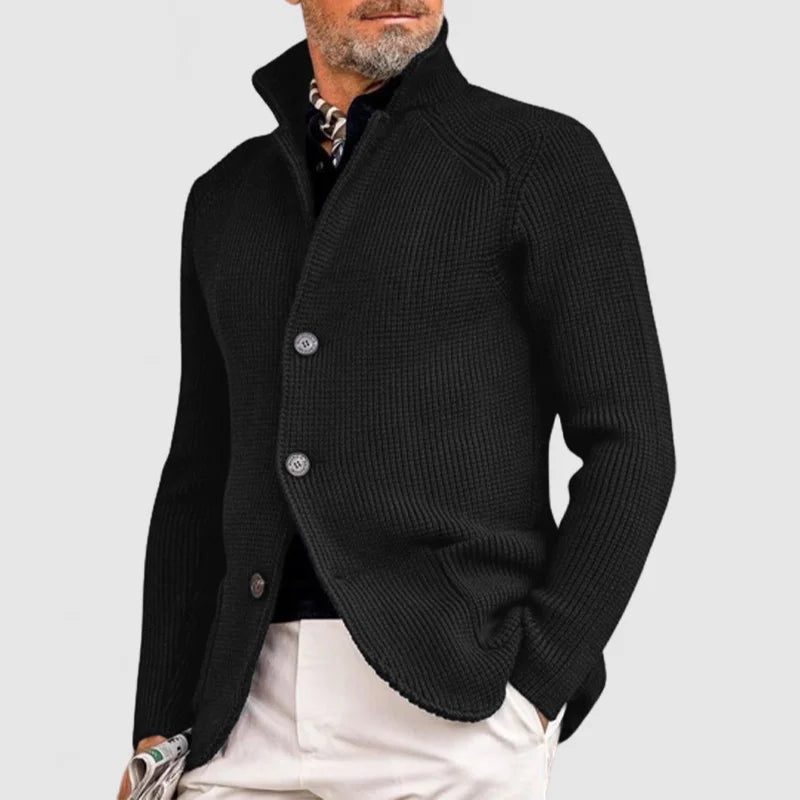 Herren Strickjacke mit Stehkragen und Knopfleiste in Schwarz, Grobstrick