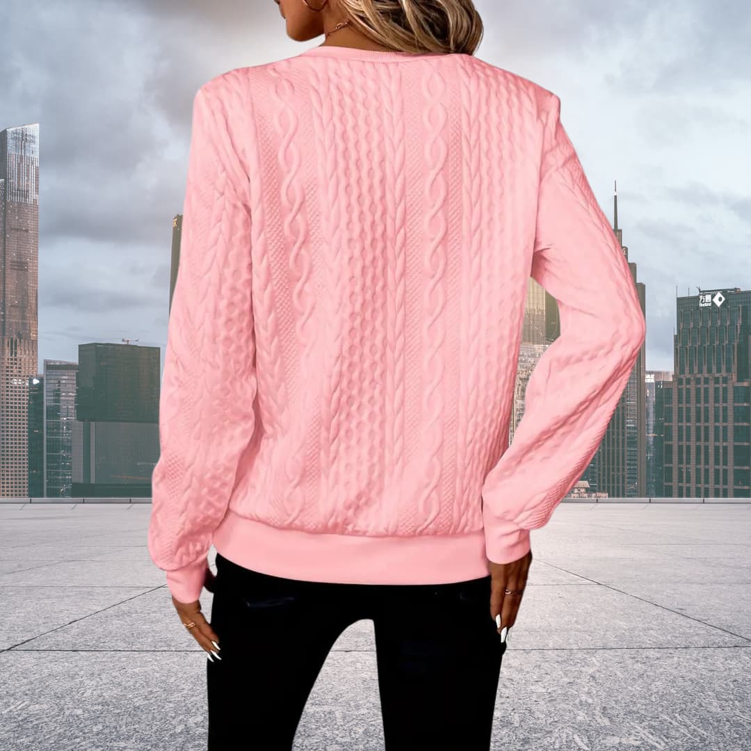 Damen Strickpullover mit Zopfmuster und Reißverschluss in Rosa, Rückansicht