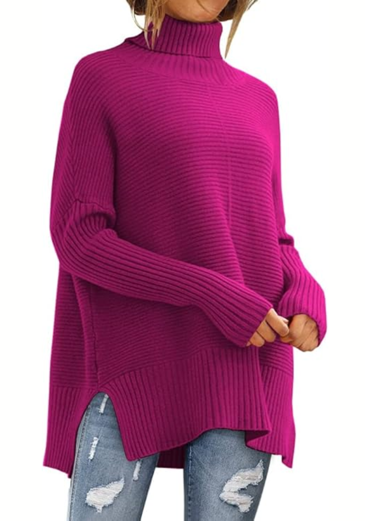 Damen Rollkragenpullover in Rippstrick mit Seitenschlitzen in Rosa