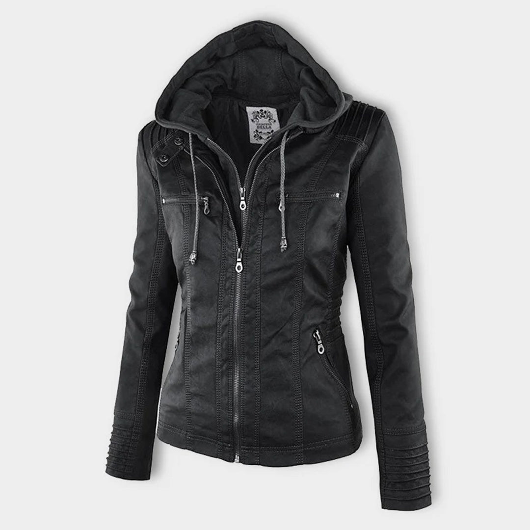 Jacke in Leder-Optik mit Kapuze und Ziernähten in Schwarz, Vorderansicht