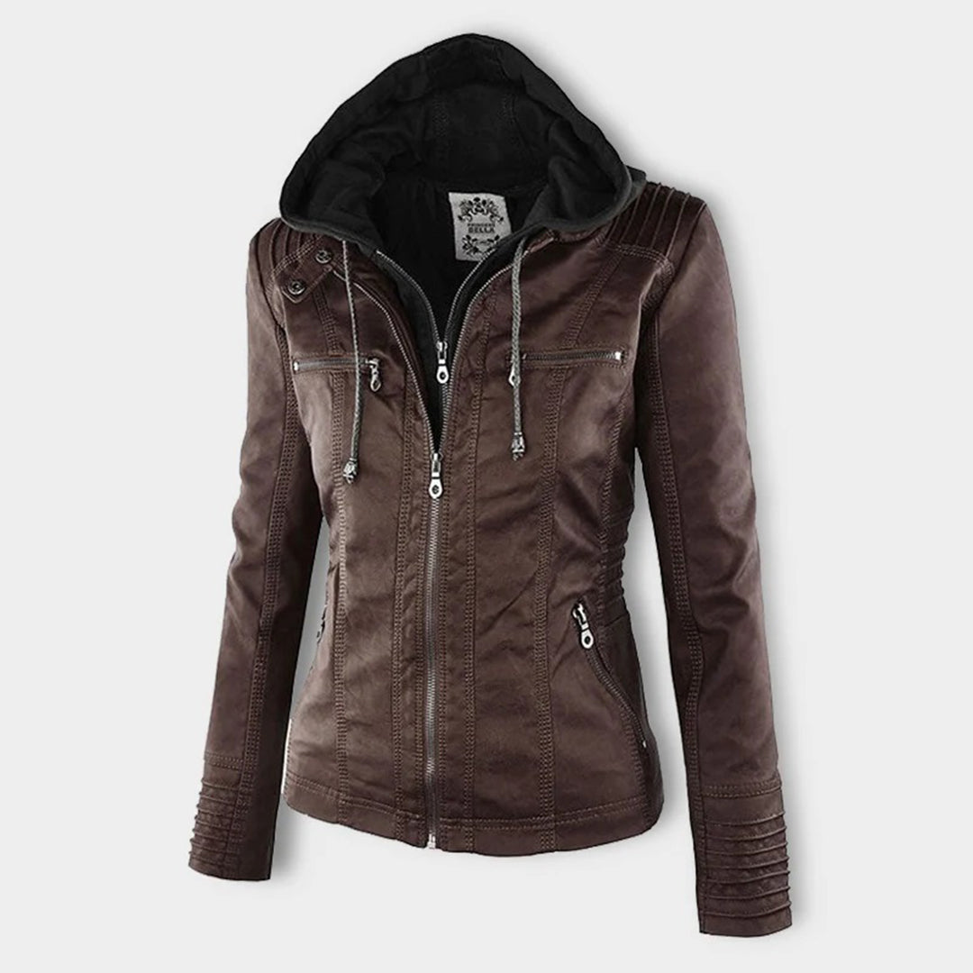 Jacke in Leder-Optik mit Kapuze und Steppdetails in Dunkelbraun