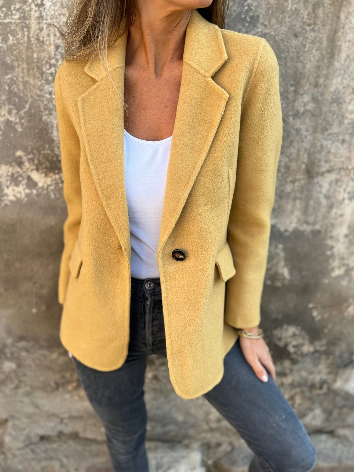 Bayer Modehaus - Damen Blazer mit Reverskragen, einreihig, hüftlang in Gelb