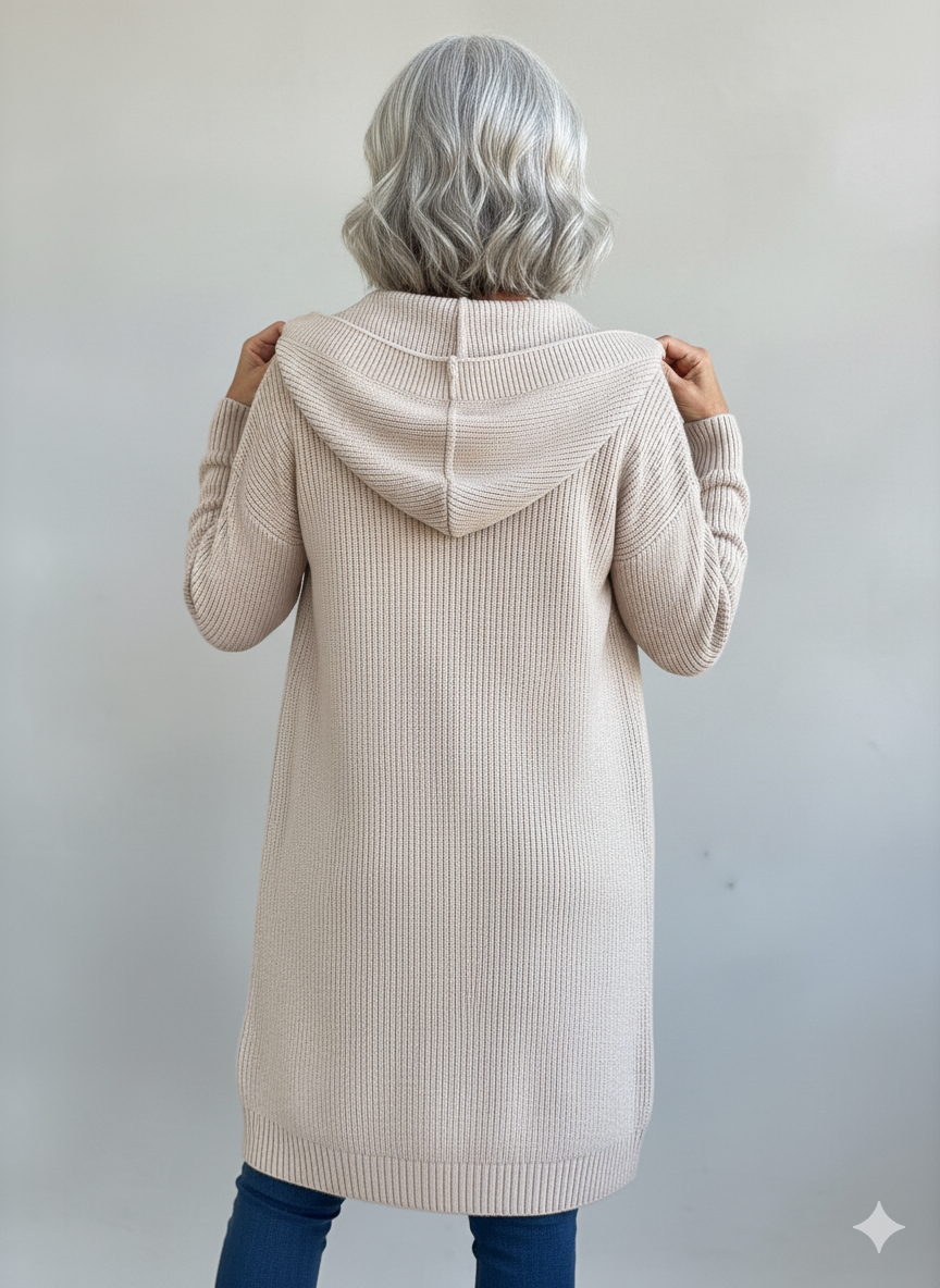 Damen Longcardigan in Rippstrick mit Kapuze in Beige, Rückansicht