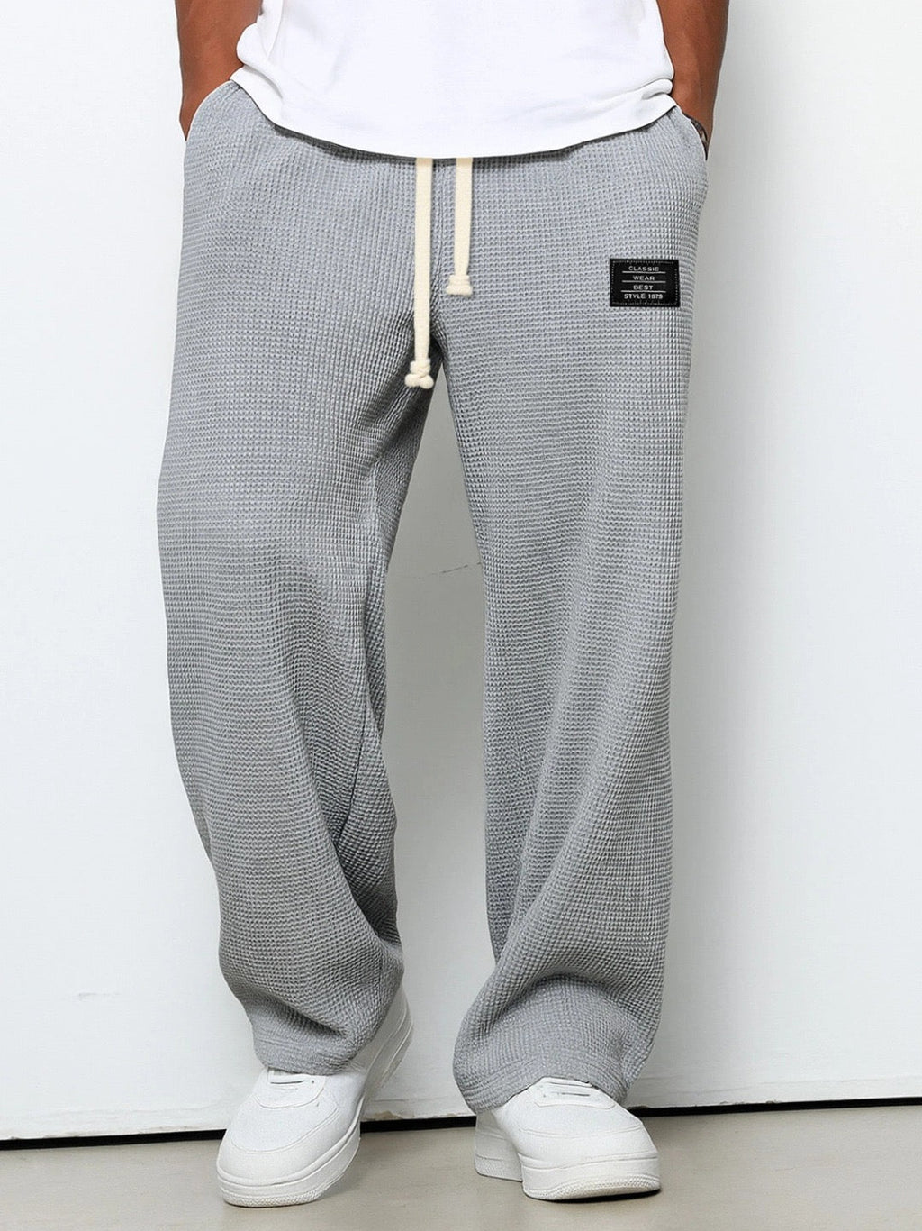 Herren Wide-Leg-Hose mit Kordelzug und Label-Patch, Grau