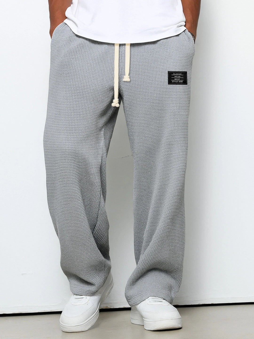 Herren Wide-Leg-Hose mit Kordelzug und Label-Patch, Grau