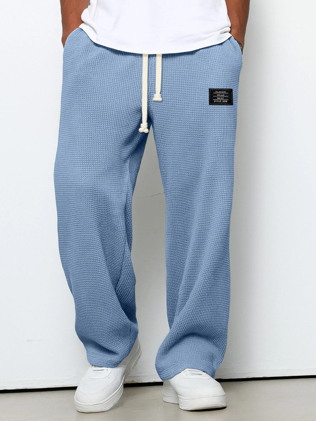 Herren Wide-Leg-Hose in Waffelstruktur mit Kordelzug, Himmelblau